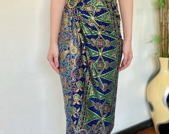 Blue Gold Batik Wrap Skirt: Ethnic Bali Sarong Beach Cover-Up
