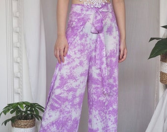 Purple Tie Dye Wrap Pants, Bali Beach Pants, Open Flow Pants, Hippie Palazzo Pants
