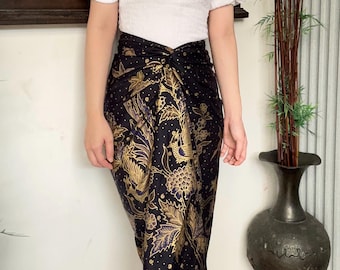 Handgemachter Batik Sarong Wickelrock, Navy Gold Phoenix Baumwollvertuschung