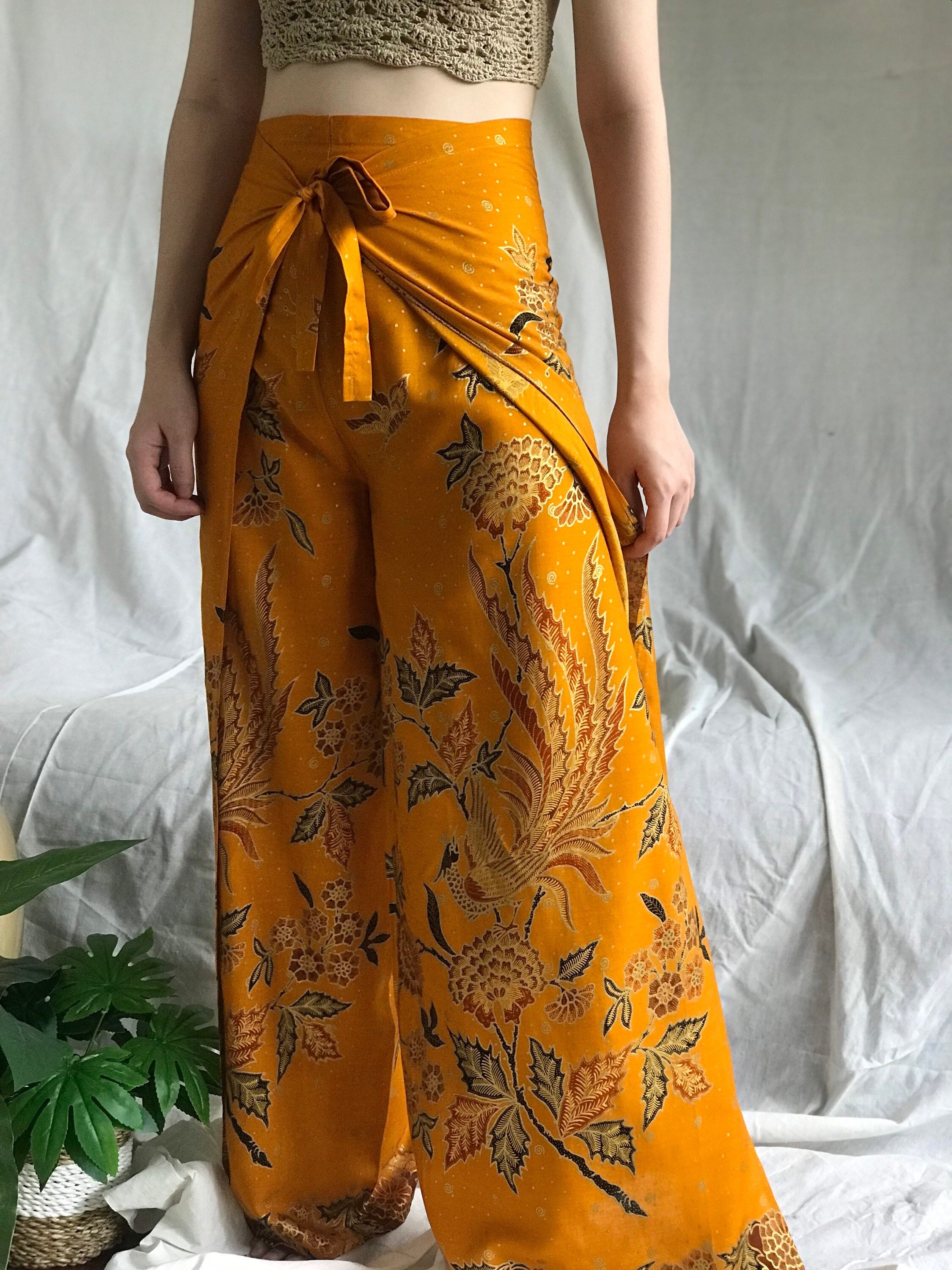 Gold Batik Wrap Pants, Bali Beach Pants, Boho Pants, Festival Pants -   Canada