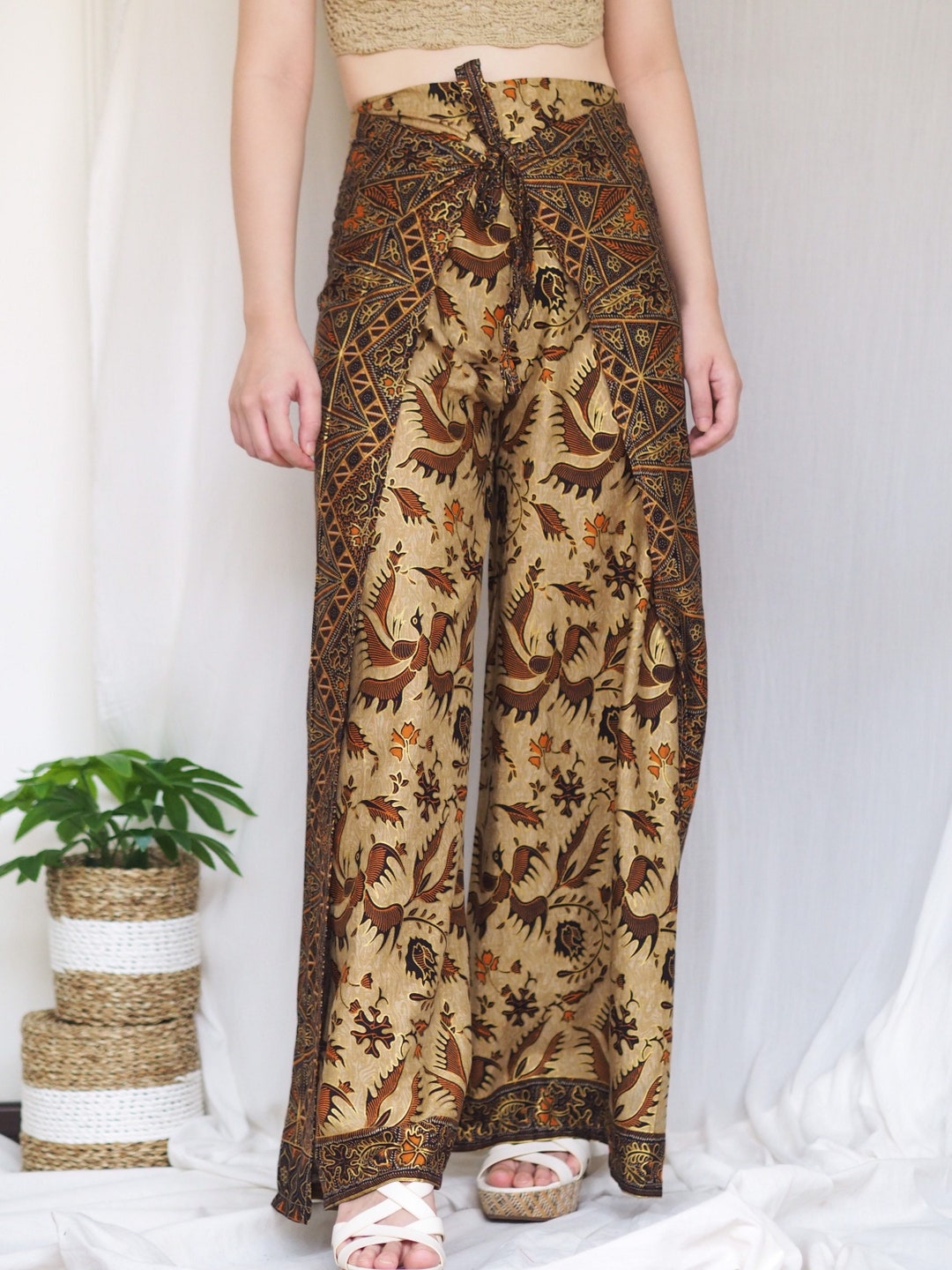 Brown Batik Wrap Pants, Bali Beach Pants, Hippie Festival Pants for