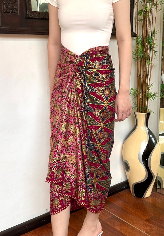 Pink Gold Ethnic Batik Wrap Skirt, Bali Beach Skirt, Sarong