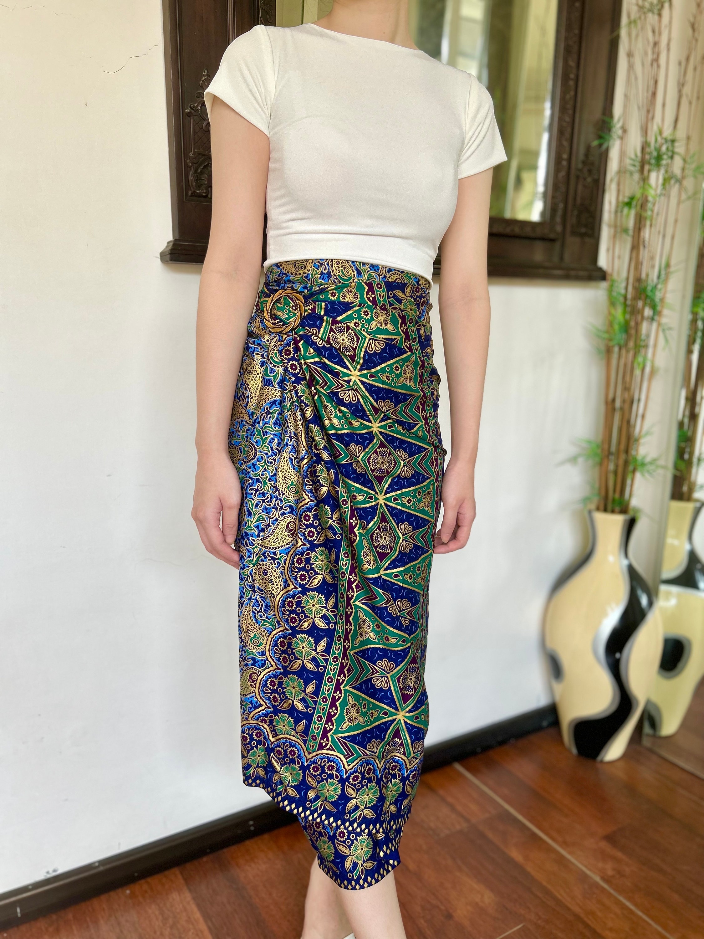 Blue Gold Ethnic Batik Wrap Skirt, Bali Beach Skirt, Sarong Wrap Skirt