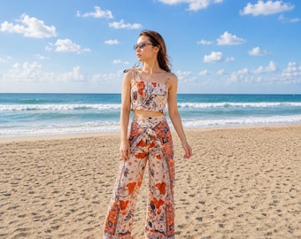Batik-Top und Wickelhose in Orange, tropische Strandmode
