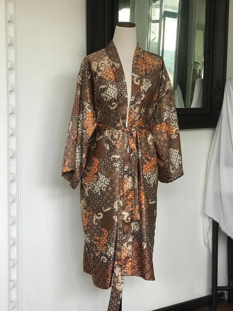 Brown Silk Batik Kimono, Indonesian Batik Robes, Bali Beach Cover Ups