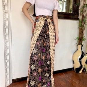 Black Premium Silk Batik Wrap Pants, Bali Beach Pants, Batik Palazzo Pants, Hippie Summer Pants