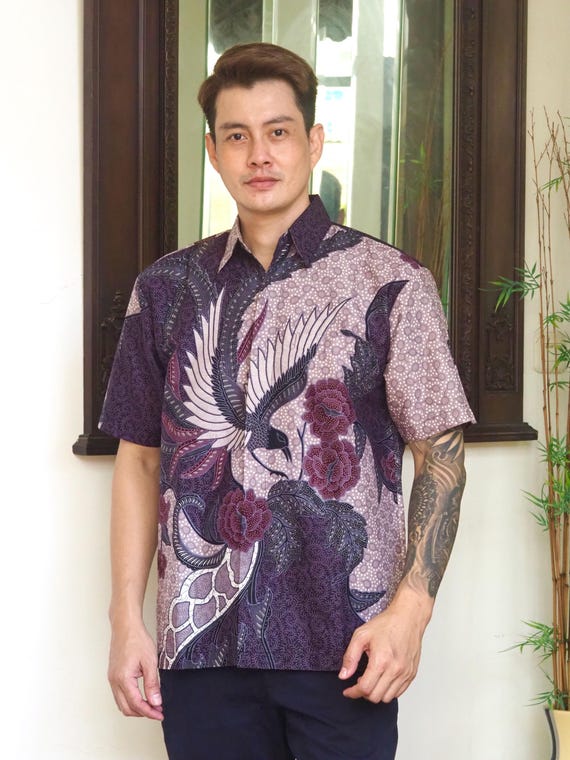 Paars batikshirt voor heren premium batikshirt Javaans katoenen batikshirt Indonesische handgemaakte batik Etsy Nederland