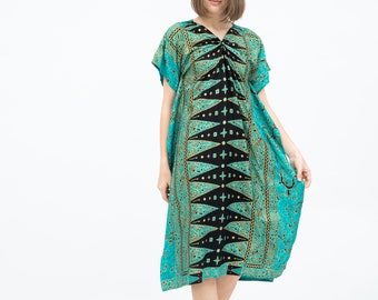 Green Batik Kaftan, Ethnic Batik Cotton Kaftan, Bali Kaftan Dress, Beach Cover Ups, Summer Kaftan