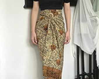 Gold Brown Batik Wrap Skirt, Bali Sarong Skirt, Beach Cover Up