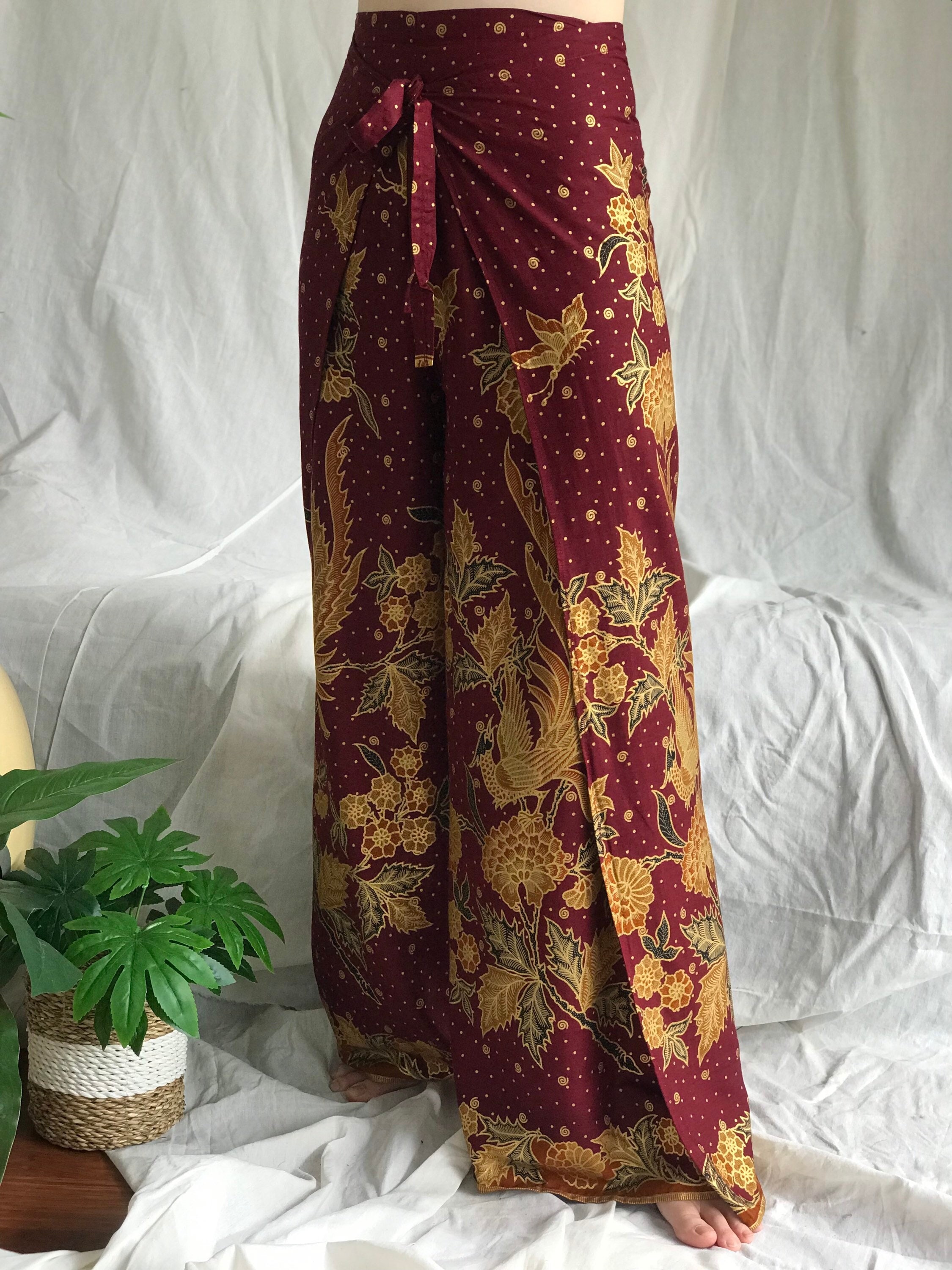 Maroon Batik Wrap Pants, Bali Beach Pants, Festival Trousers, Summer Pants for Women