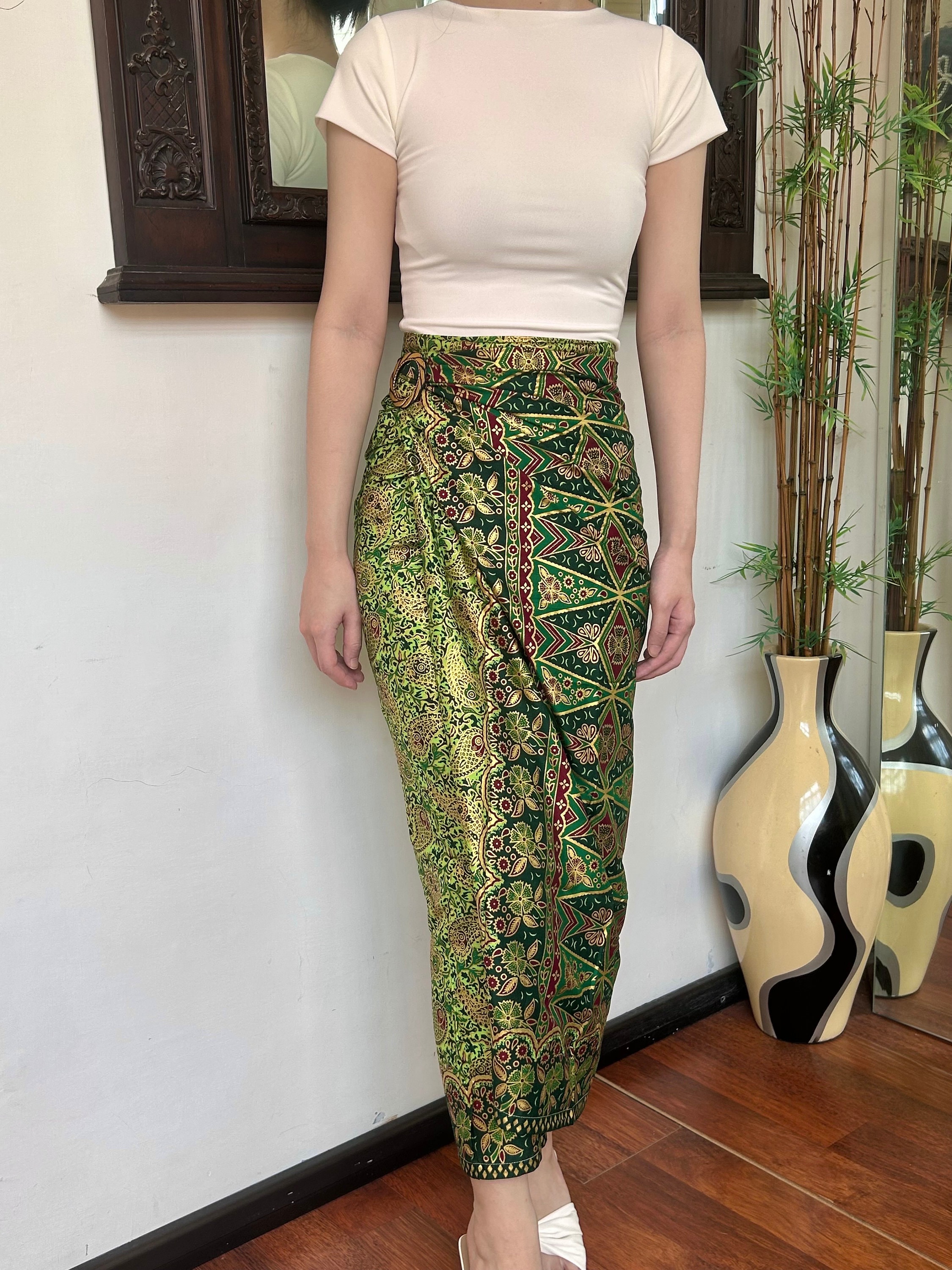 Green Gold Batik Wrap Skirt, Bali Ethnic Sarong Beach Cover-up - Etsy