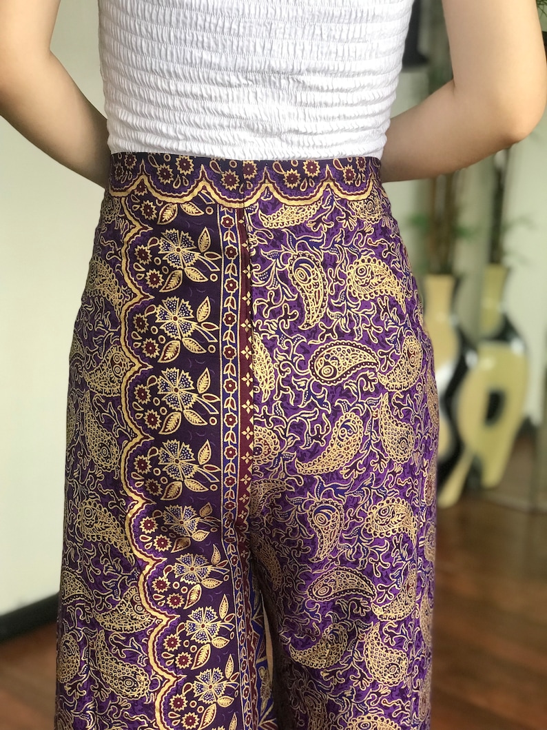 Purple Gold Cotton Batik Wrap Pants, Bali Beach Pants, Handmade Batik