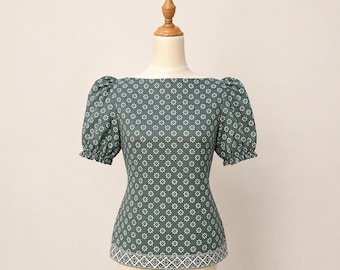 Handgefertigte Batikbluse für Damen, Oberteil mit Puffärmeln, Bluse im Vintage-Stil