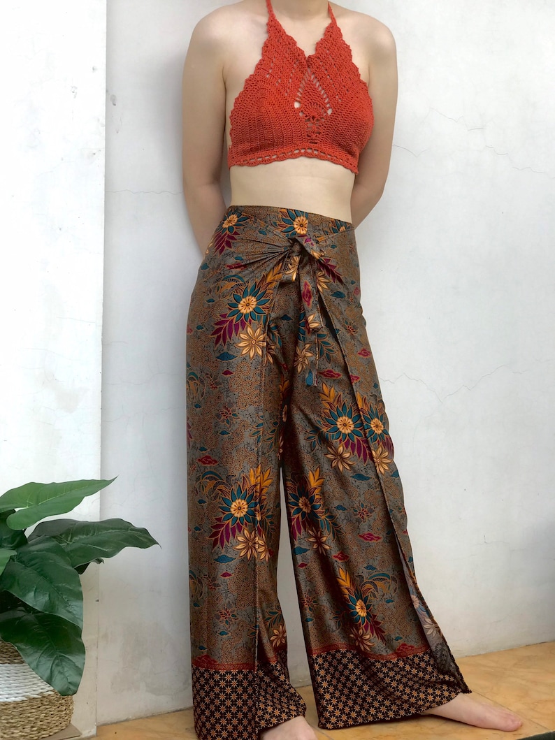 Gray Silk Batik Wrap Pants, Bali Beach Pants, Festival Trousers for