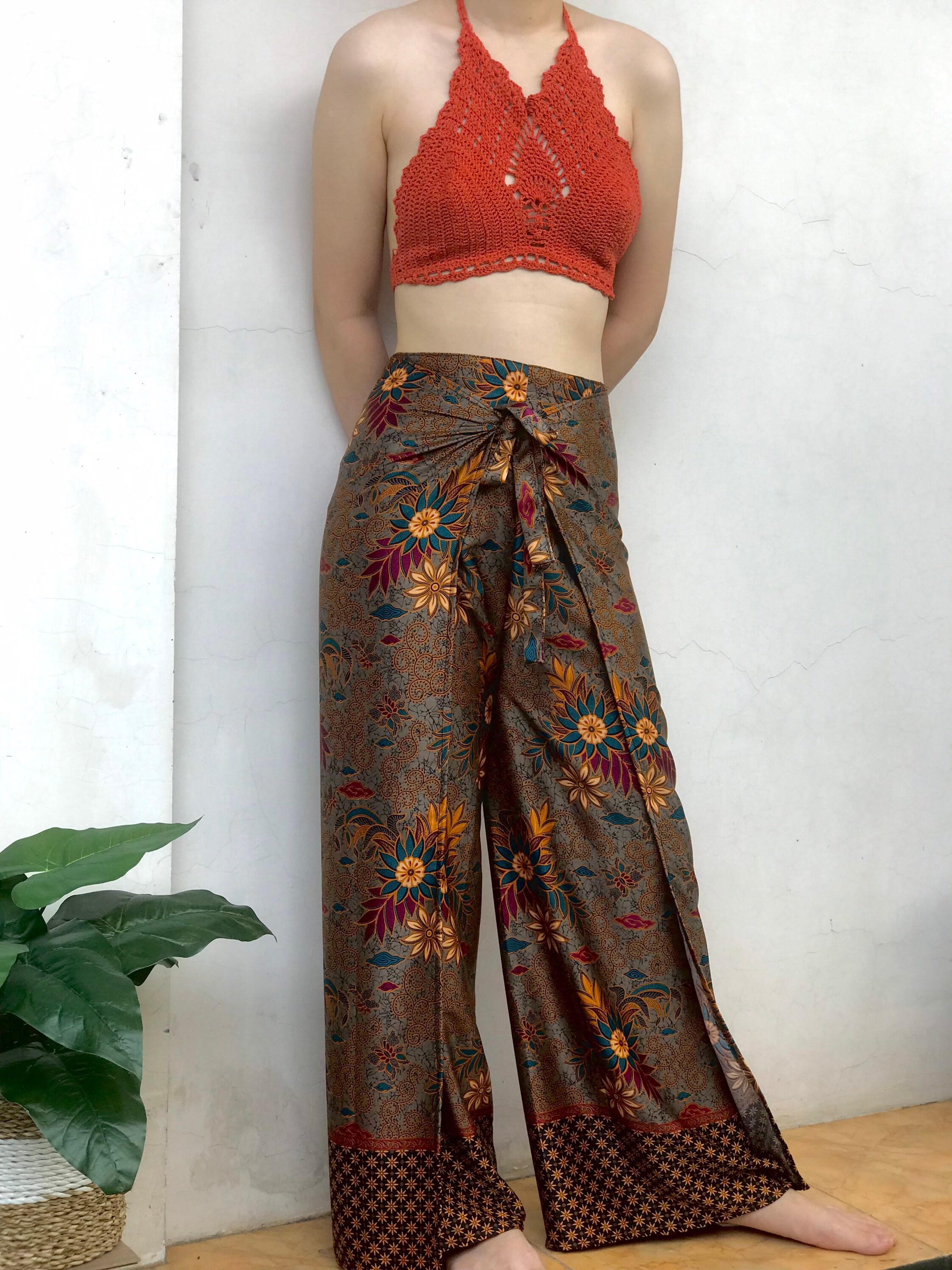 Gray Silk Batik Wrap Pants, Bali Beach Pants, Festival Trousers for