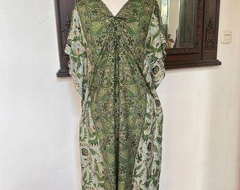 Green Gray Batik Kaftan, Batik Cotton Kaftan, Bali Kaftan Dress, Beach Cover Ups, Summer Kaftan