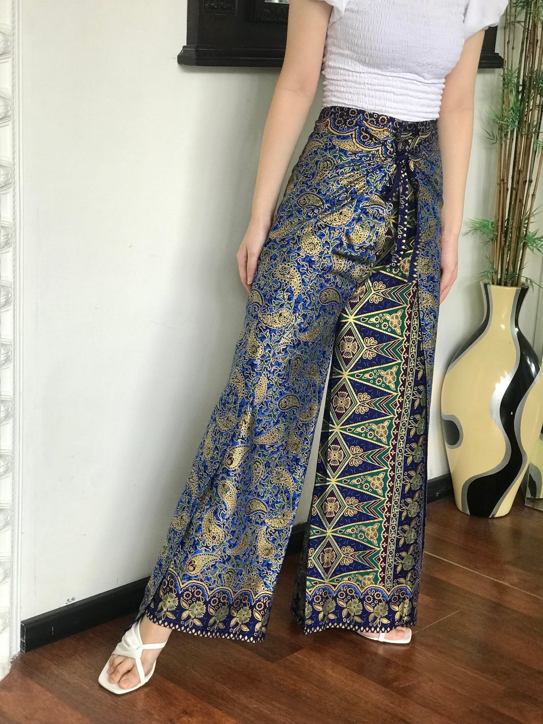 Blue Gold Cotton Batik Wrap Pants Bali Beach Pants Handmade Etsy