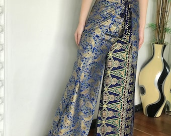 Blue Gold Cotton Batik Wrap Pants, Bali Beach Pants, Handmade Batik Trousers, Festival Pants, Summer Pants for Women