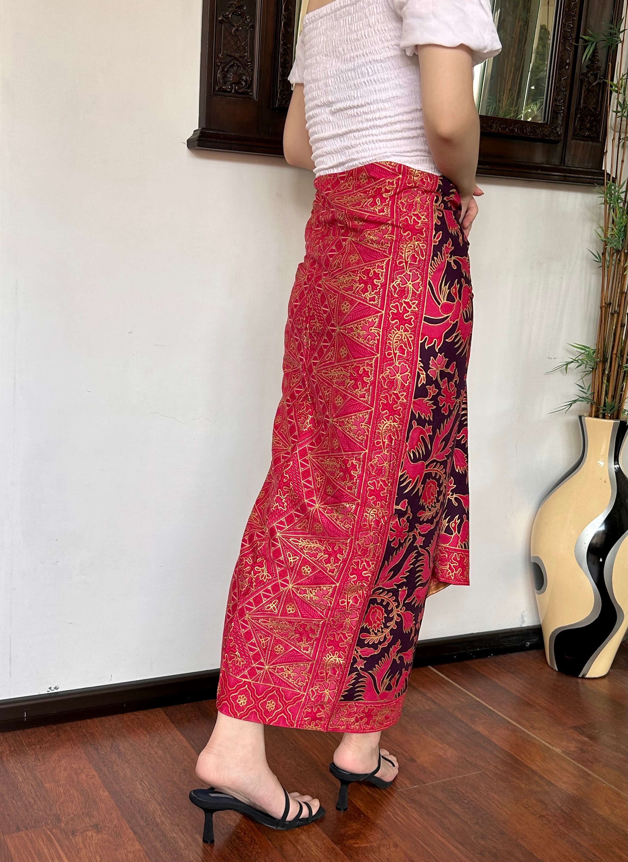 Red Black Ethnic Batik Wrap Skirt Bird Motif, Bali Beach
