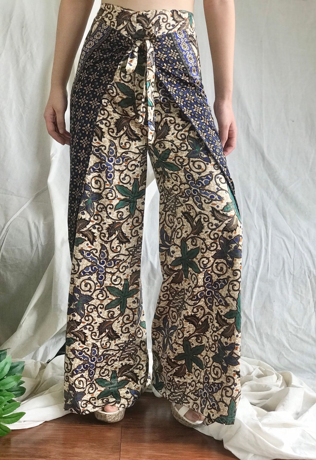 Blue Silk Batik Wrap Pants, Bali Beach Pants, Batik Palazzo Pants