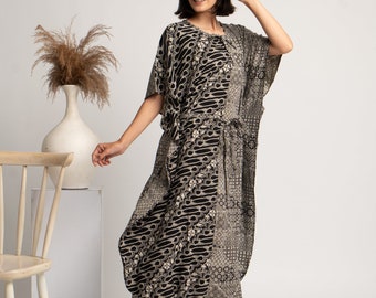 Indonesian Batik Kaftan Monochrome, Long Caftan Dress, Beach Cover Ups, Elegant Dress