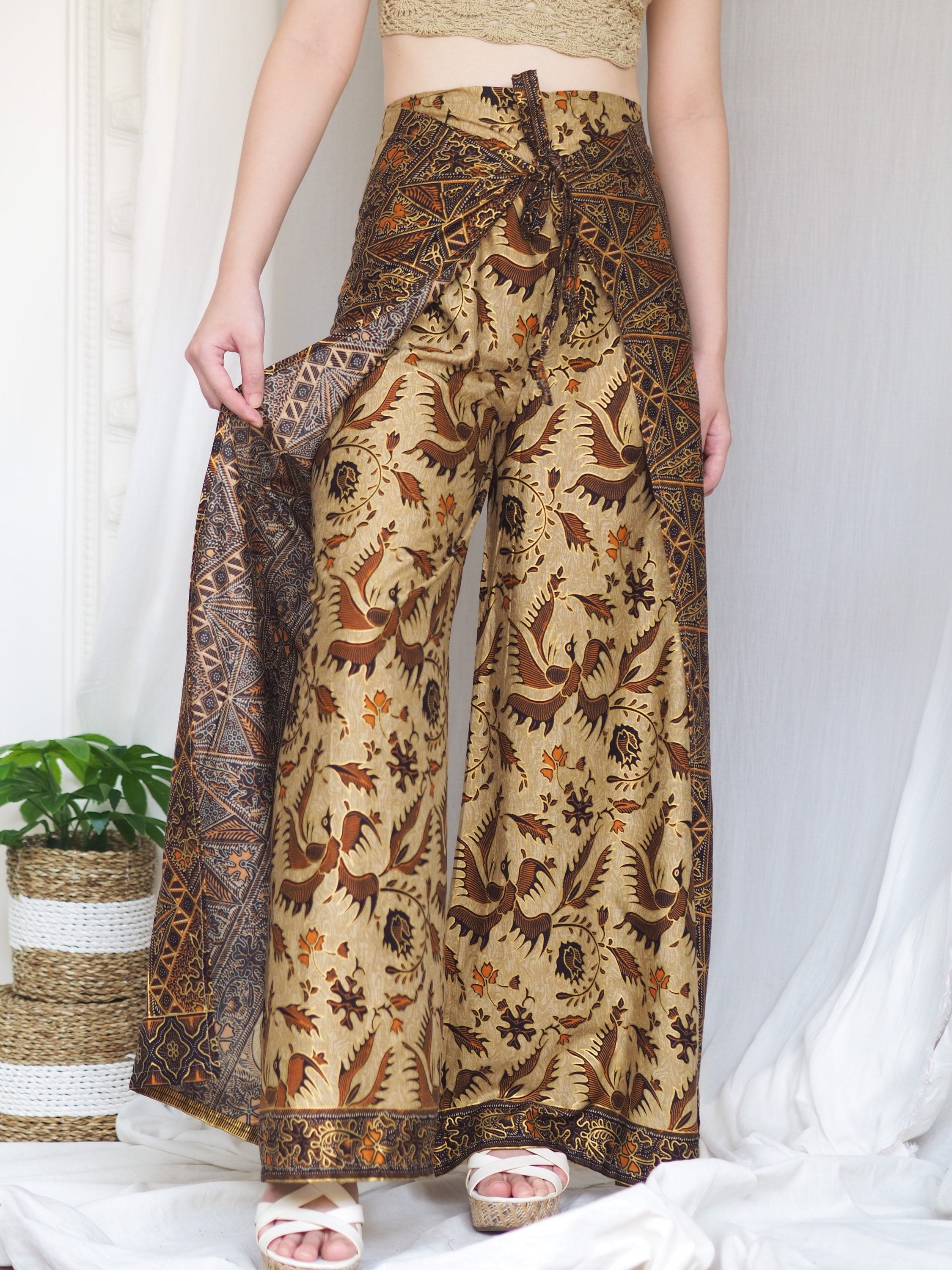 Brown Batik Wrap Pants: Handmade Bali Cotton Palazzo Pants - Etsy