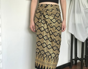 Black Gold Batik Wrap Skirt, Bali Sarong Skirt, Beach Cover Up