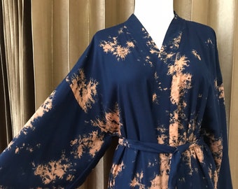 Indigo Blue Hand Tie Dye Kimono Robe, Beach Coverup, Loungewear, Holiday Look