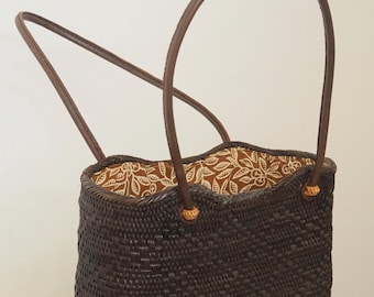 Dark Brown Rattan Tote Bag, Handmade Bali Straw Handbag