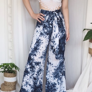 Blue Tie Dye Wrap Pants, Bali Beach Pants, Open Flow Pants, Flowy Yoga Pants