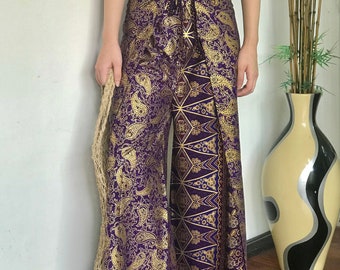 Purple Gold Cotton Batik Wrap Pants, Bali Beach Pants, Handmade Batik Trousers, Festival Pants, Summer Pants for Women