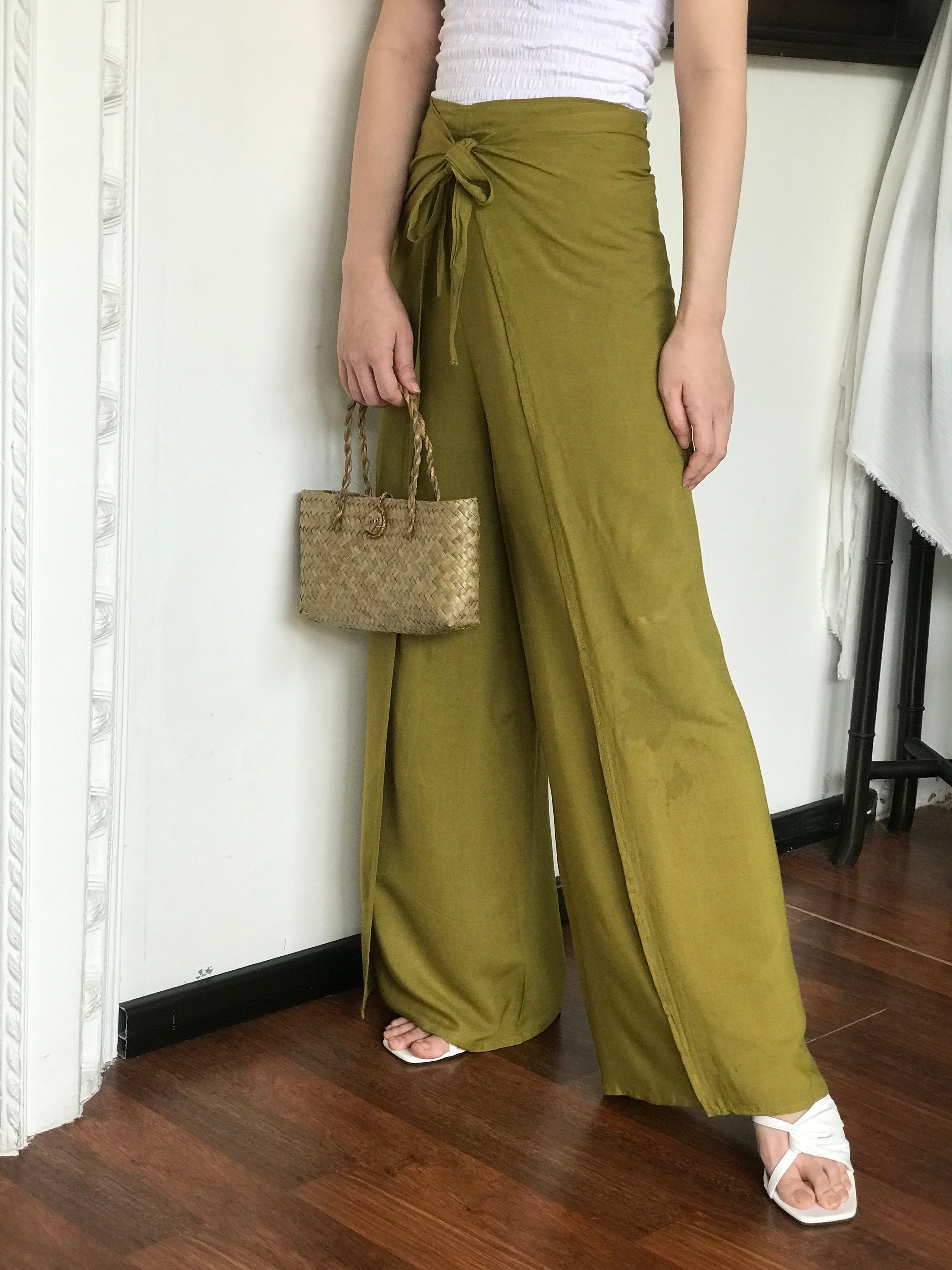 Palazzo Wrap Pants for Women, Tie Waist Wide Leg Pants