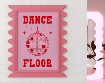 Imprimé piste de danse | Mascotte de discothèque | boule disco | Rose Rouge | Impression musicale | Affiche de musique | Décoration murale| Gras |Typographique | Paroles | Dessin animé rétro