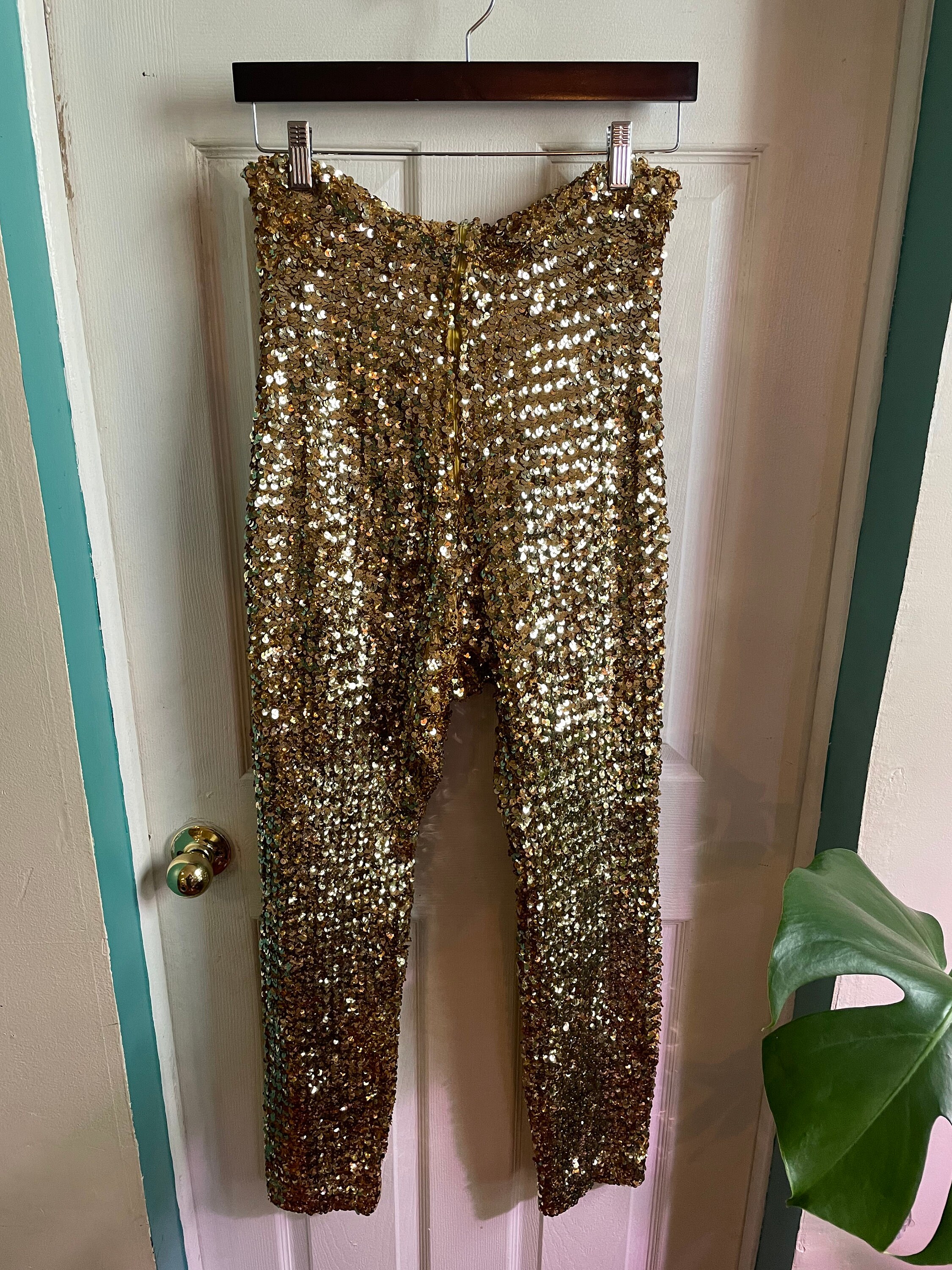 Gold Sequin Stretch Pants Etsy