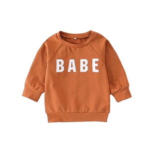 May include: A rust-colored sweatshirt with long sleeves and a crew neck. The word "BABE" is printed in bold white letters across the chest. The sweatshirt has a ribbed hem and cuffs.