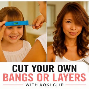 May include: A blue hair cutting guide tool with a built-in spirit level used for trimming hair. The text reads: CUT YOUR OWN BANGS OR LAYERS WITH KOKI CLIP. The tool is shown in use on a child's hair, and a person with styled hair holds scissors.