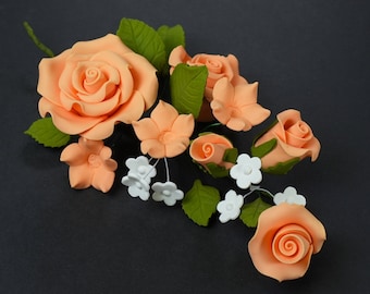 Peach Roses and Jasmine Spray with Small White Flowers and Green Leaves, made of Sugar, Cake Topper - NON-EDIBLE - Sugar Floral Arrangement