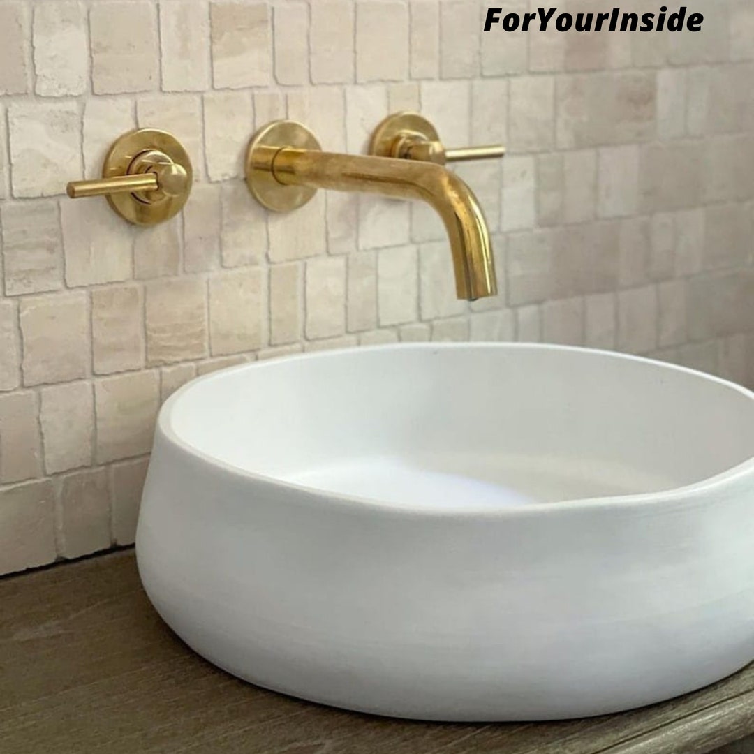Unlacquered Brass Wall Mounted Bathroom Vessel Sink Faucet With Simple