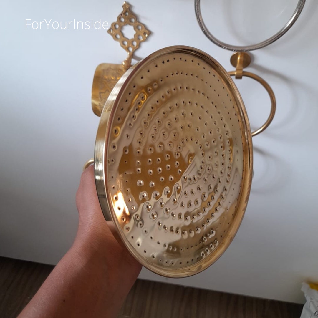 Unlacquered Solid Brass Rain Shower Head, Moroccan Handcrafted Vintage
