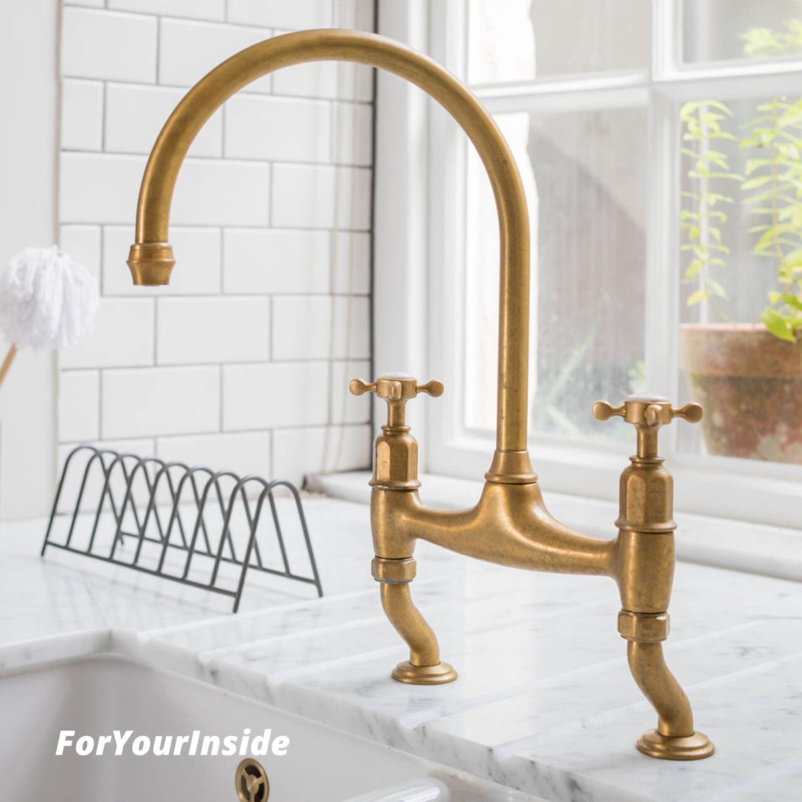 Solid Brass Bridge Faucet Kitchen Unlacquered Brass Straight - Etsy
