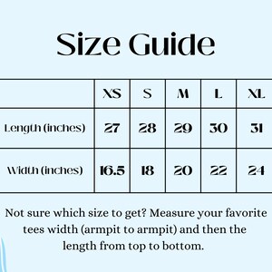 May include: Size guide chart for clothing with measurements in inches. The chart shows sizes XS, S, M, L, and XL with corresponding length and width measurements.