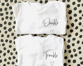 Double trouble baby vest personalised Baby grow twins Sleepsuits gift for parents, twins baby shower Gifts for twins pregnancy announcement