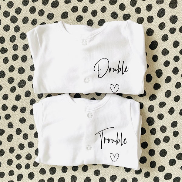 Double trouble baby vest personalised Baby grow twins Sleepsuits gift for parents, twins baby shower Gifts for twins pregnancy announcement