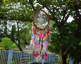 Boho Dreamcatcher: Colorful Feathers, Indian Style Wall Hanging