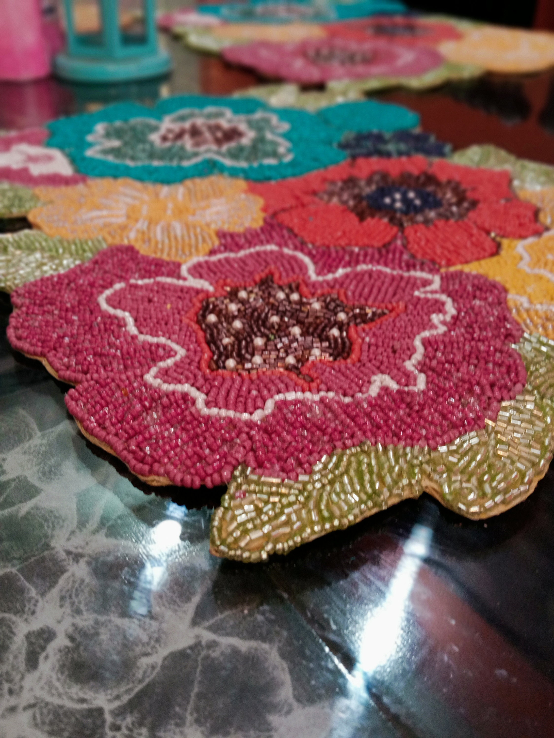 Flower beaded place mat Set Of 2 Handmade Beaded Table Mats Etsy