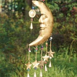 Handcrafted Metal Moon Wind Chime: Gold Sun Catcher Outdoor Decor