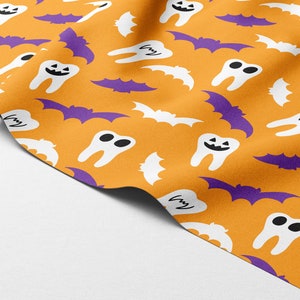 orange DENTAL HALLOWEEN FABRIC | halloween tooth fabric, spooky dentist fabric, halloween dentist scrub cap, custom halloween fabric