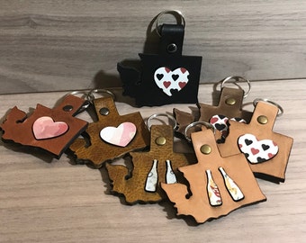 Leather and Wood State Keychain