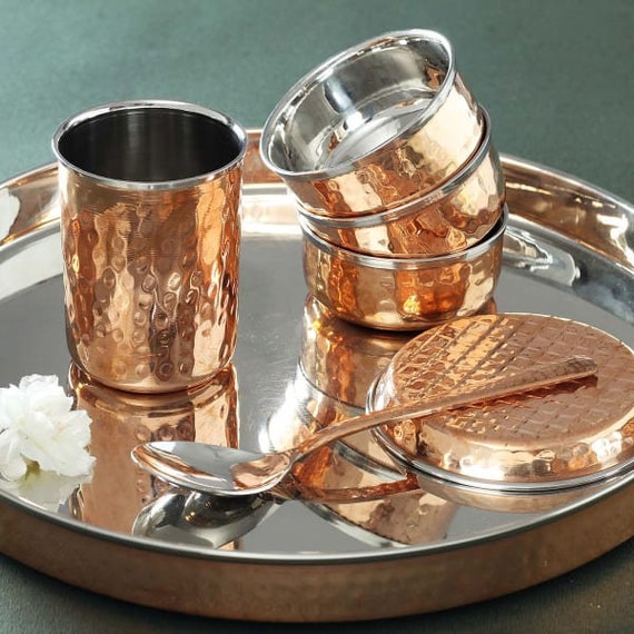 Copper Steel Dinnerware Thali Set Traditional Indian Hammered 7
