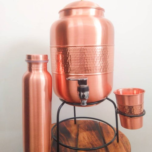 5 Ltr Copper hammered Water Dispenser + 1 Glass & shops Stand with Free 950ml Copper Bottle Handmade Copper Anniversary Gift